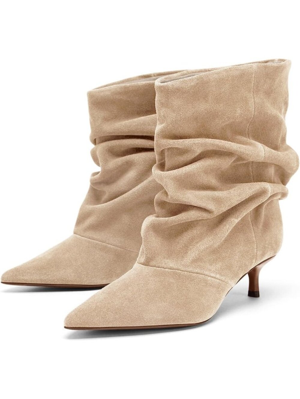 Women's Khaki Slouchy Pointed Toe Pull On Kitten Heel Casual Short Ankle Boots